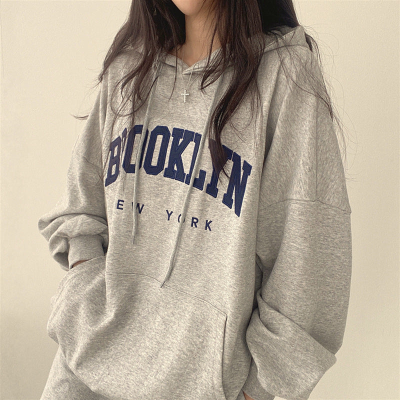 American Style Letter Print Fleece Pullover Hoodie
