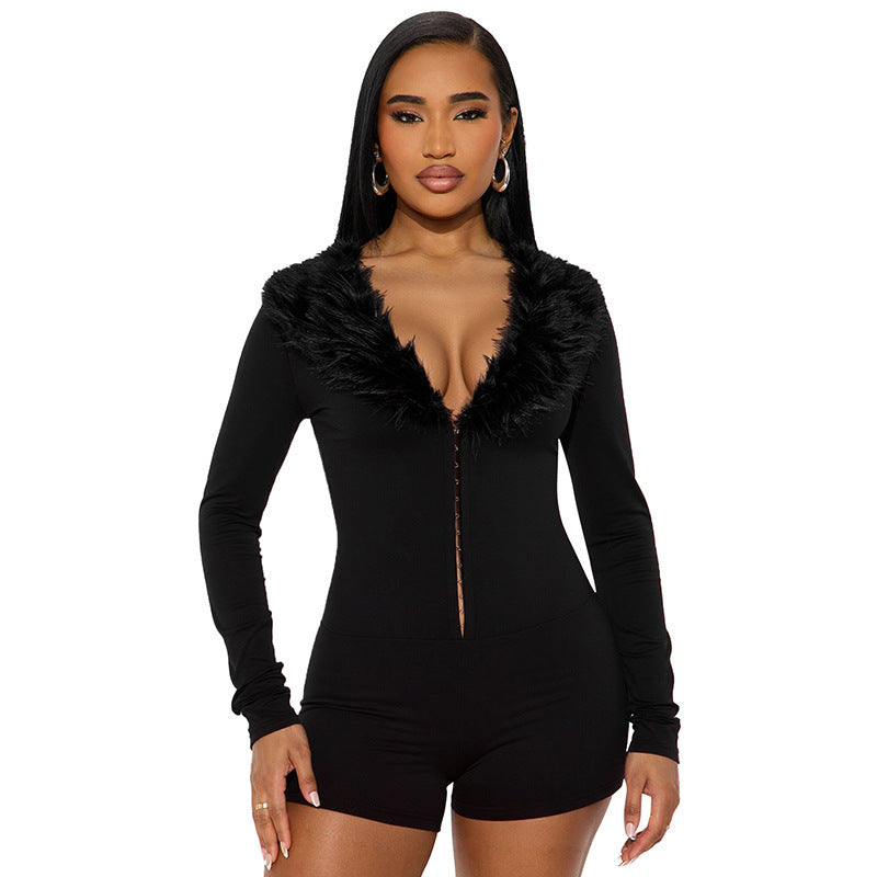 Black Faux Fur-Trimmed Long-Sleeve Bodysuit
