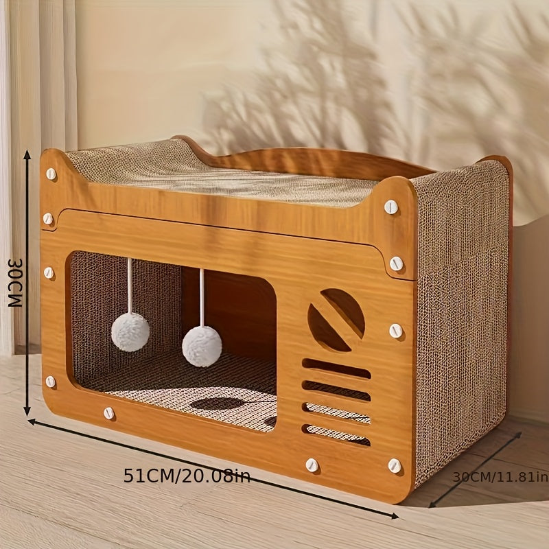 Spacious Cat House for Indoor & Outdoor Use - Multi-Feature Condo with Dual Scratching Boards, Plush Balls, and Ventilation Doors, Ideal for Cats