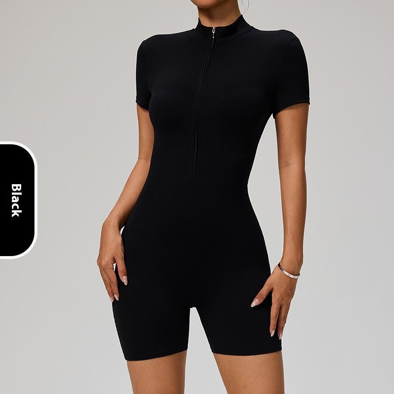 Women's Short Sleeve Zipper Sports Yoga Jumpsuit