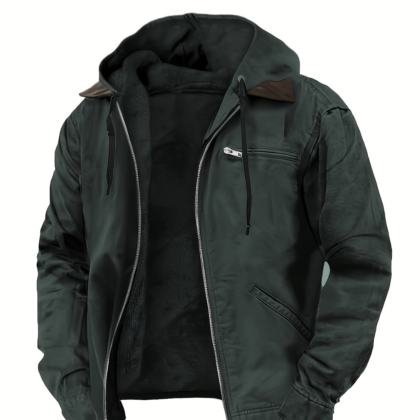 2025 New Autumn Winter Men's Vintage Loose Hooded Zip Jacket, 95% Polyester 5% Cotton Blend, Lightweight 350gsm, Front Pocket Design, Solid Color Spring Autumn Casual Coat, Perfect Gift Choice