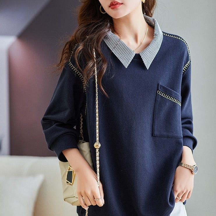 Women's Layered Polo Collar False Two-Piece Sweater