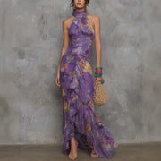 Casual Scoop-neck Low-cut Off-shoulder Colorful-printed Asymmetrical Wrap Dress