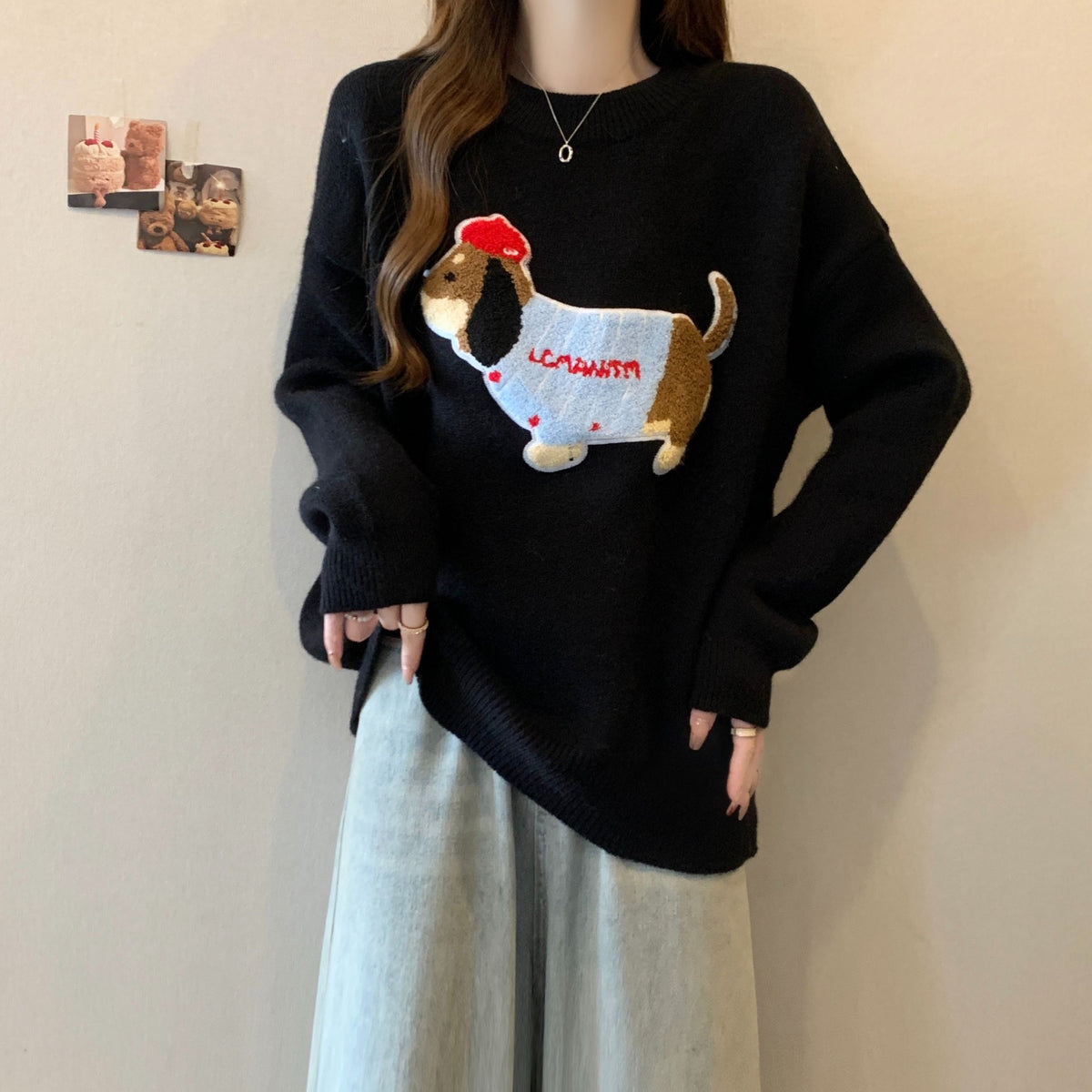 Crew-neck Cute Dog-embroidered Pullover Sweater