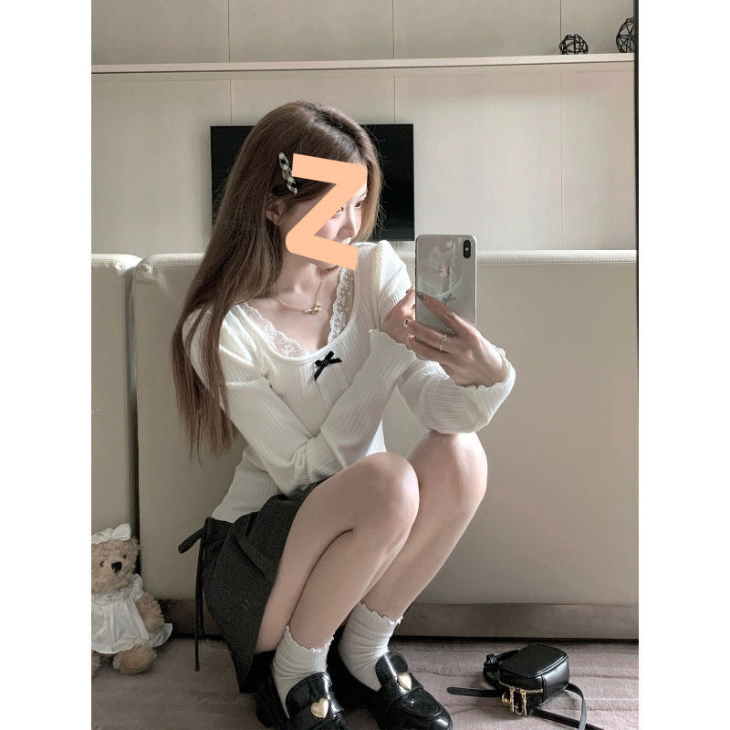 Bow Lace Stitching Long Sleeve T-shirt Women's Bottoming Top