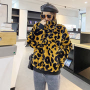 Leopard Print Faux Fur Stitching Women's Winter Sweater
