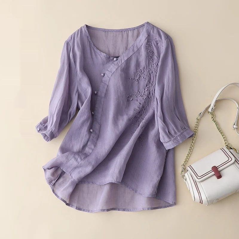 Plus Size Slimming Cotton And Linen Top With Buckle Loose Cotton-linen Shirt Women
