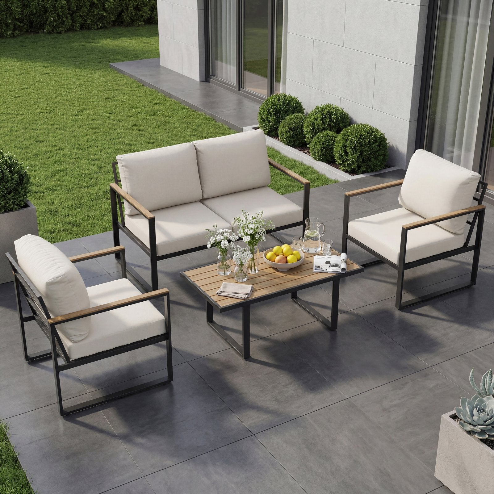 4pcs Patio Conversation Set • Outdoor Rattan Wicker Sofa with Coffee Table • Steel Frame Weather Resistant • Garden Balcony Furniture Set • Gray Cushions
