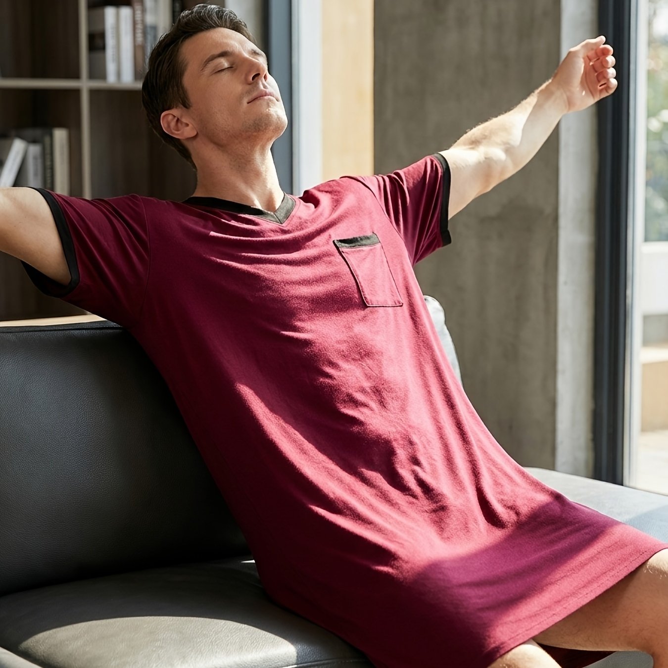Ultra Soft Men's V‑Neck Sleeved Loungewear Top with Pockets – Summer Cooling, Nordic Style
