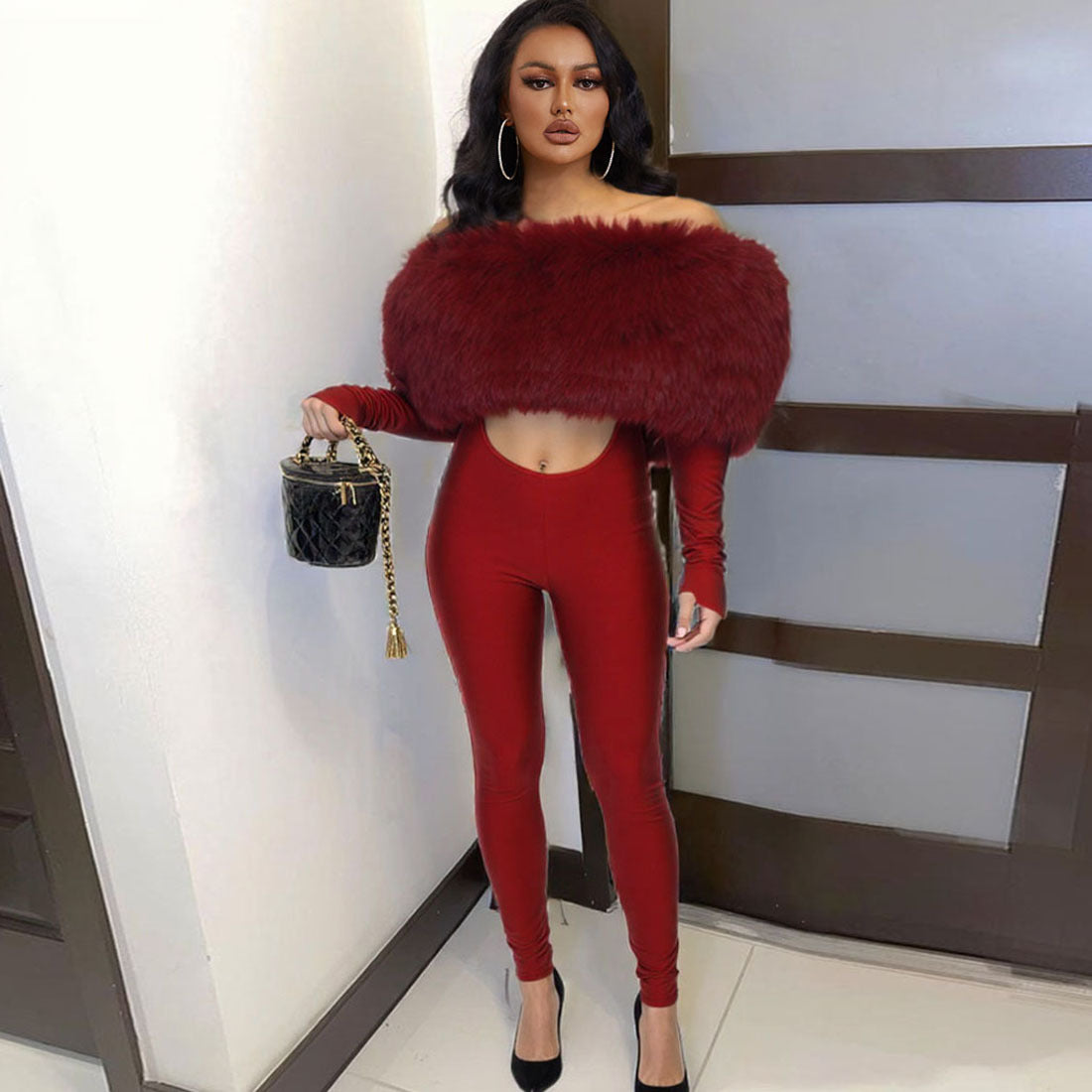 Sexy Off-Shoulder Furry Stitching Long Sleeve Jumpsuit