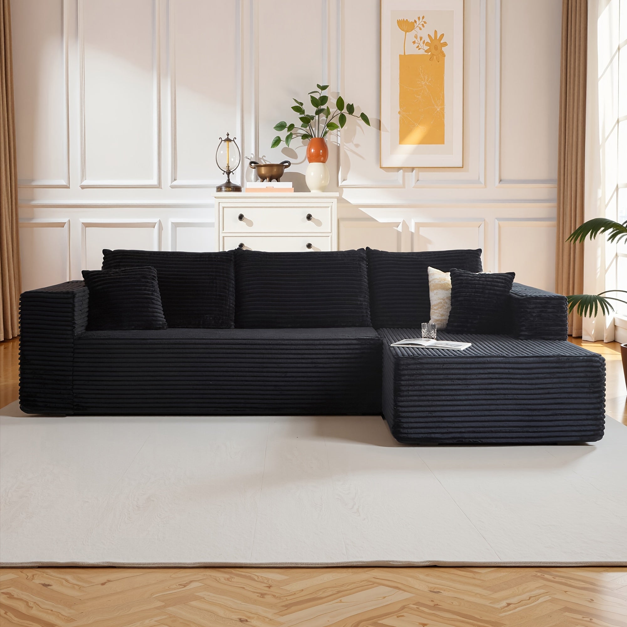 Modular L-shaped chaise longue sofa bed with deep seat and corduroy upholstery