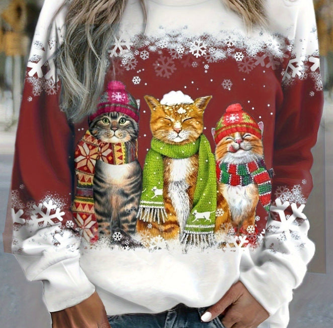 Festive Christmas Snowman & Cat Long Sleeve Casual T-Shirt