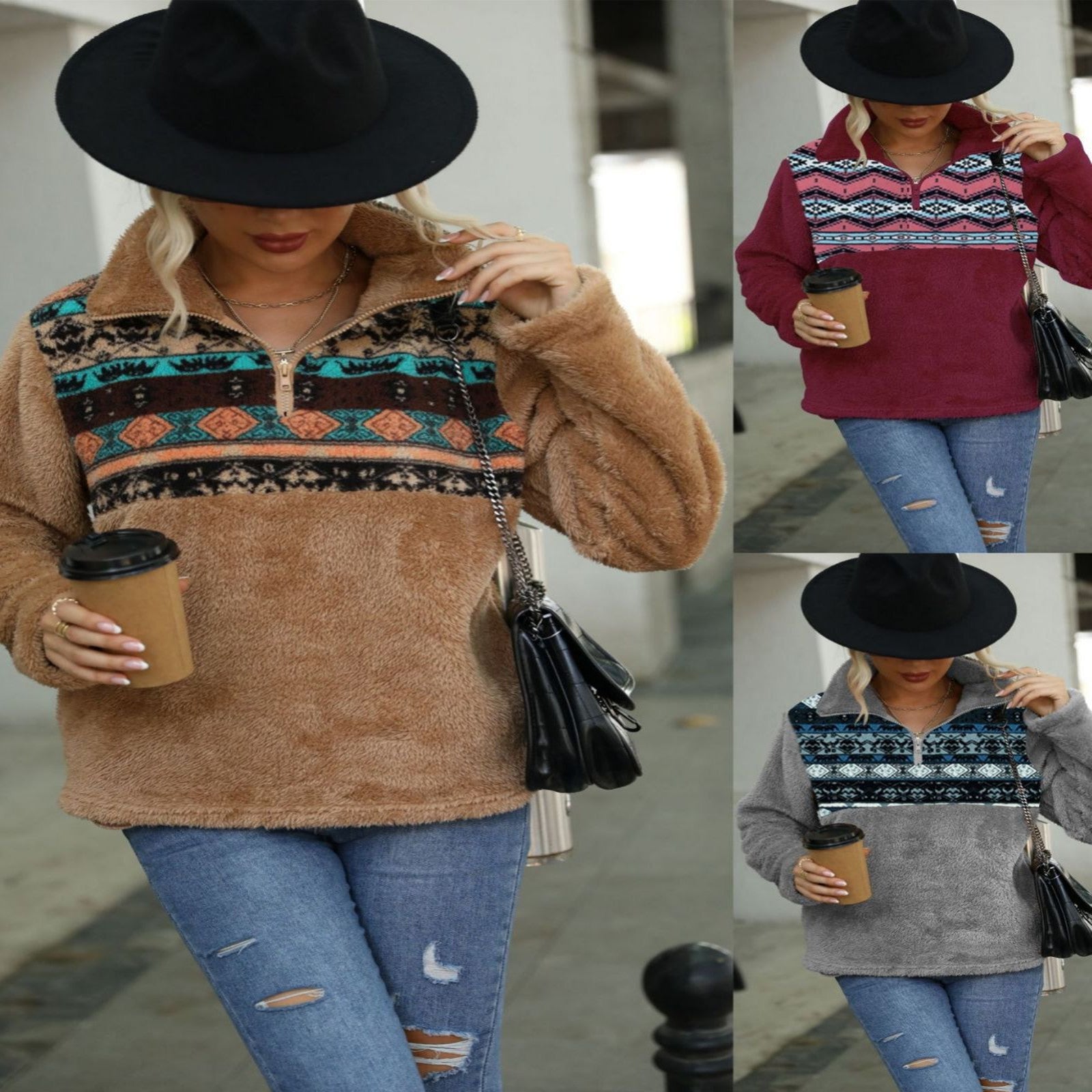 Geometric Print Plush Pullover Sweatshirt