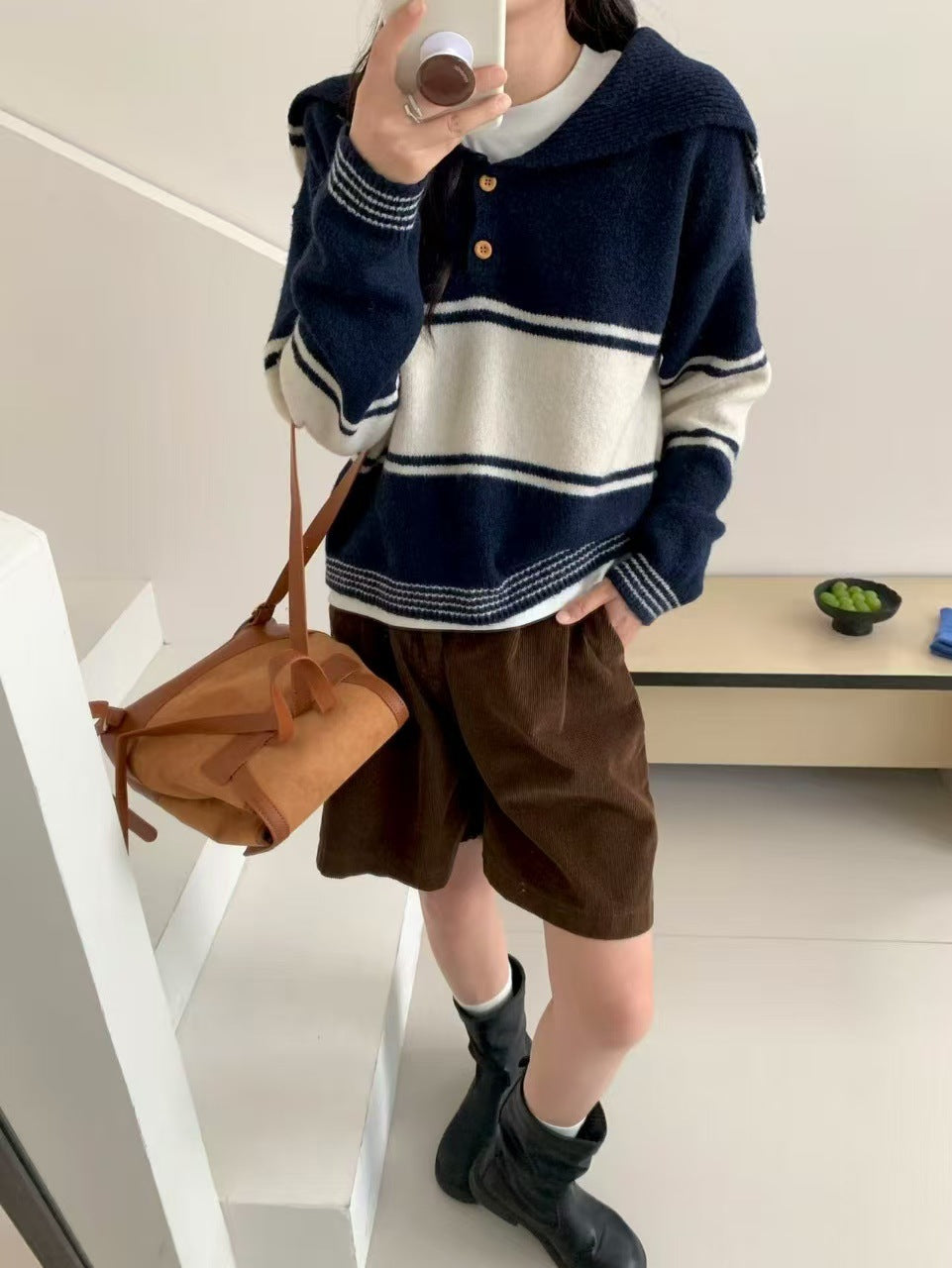 Color-block Striped Nautical-style Oversized Lapel Sweater for Women Autumn and Winter