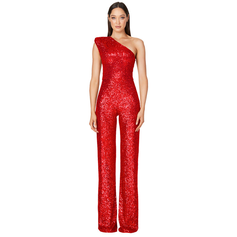 Glamorous One-Shoulder Sequined Wide-Leg Jumpsuit