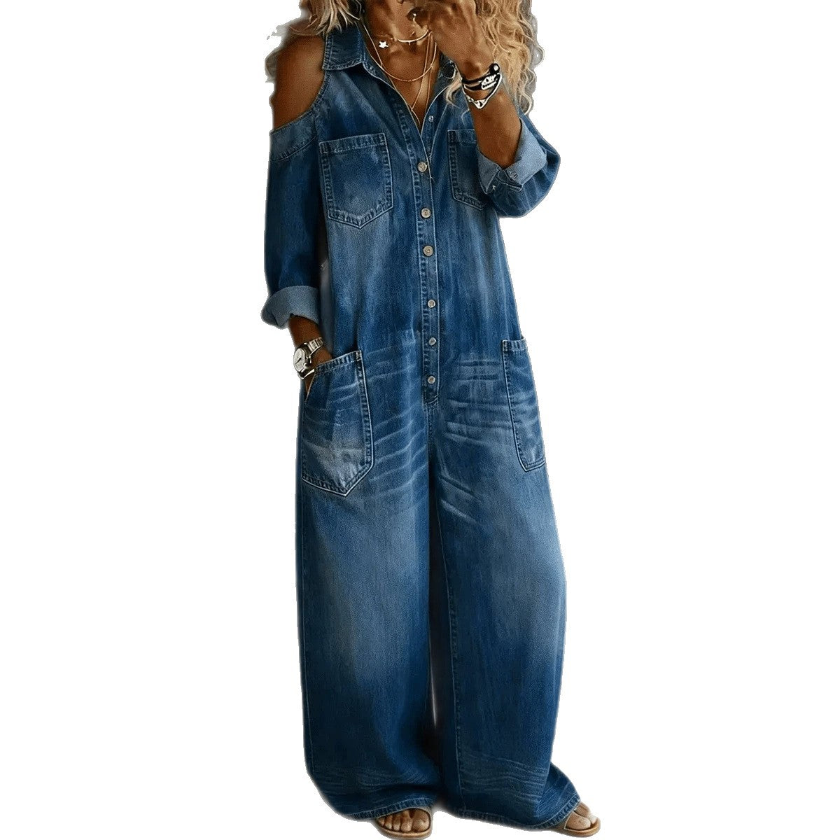 Retro Off-Shoulder Wide-Leg Jumpsuit