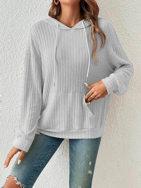 Women's Striped Knit Hoodie with Pockets & Drawstring