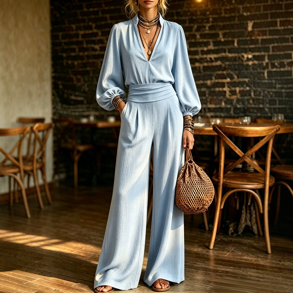 Elegant V-Neck Waist-Cinching Long-Sleeve Jumpsuit