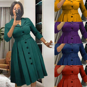Casual Solid-color Lapel Dress with Multiple Buttons and a Fitted Waist Complete with a Belt
