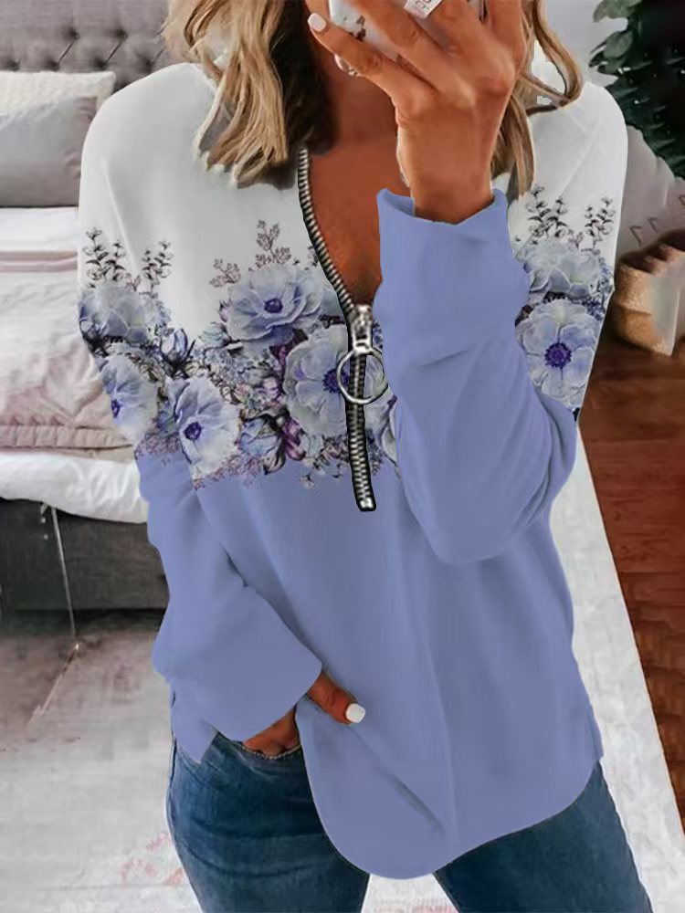 Floral Print Zip-Neck Pullover Sweater