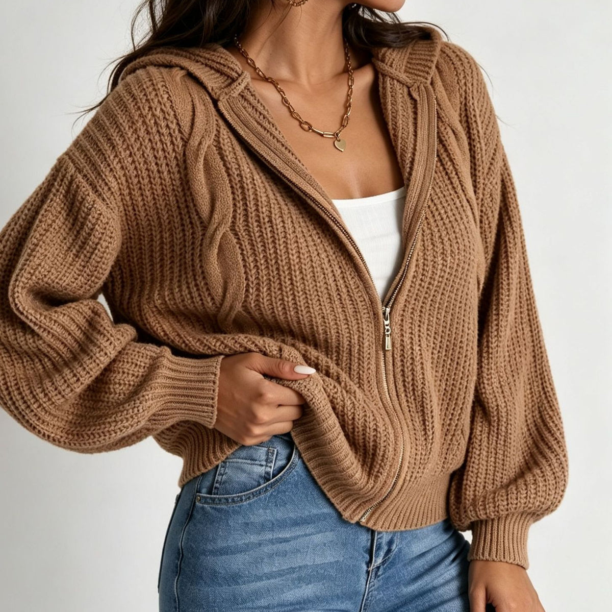 Autumn Womens Fallwinter Hooded Sweater Cardigan Solid-color Knitted Outerwear Top