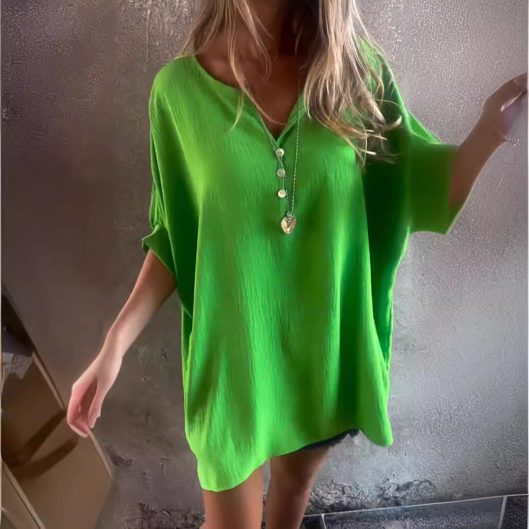 Casual Solid Color Collarless Button-Up Shirt