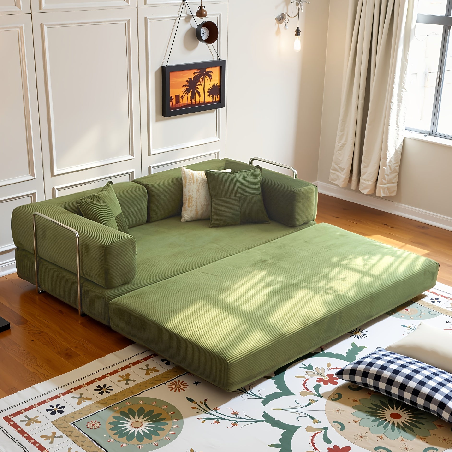Modular L-shaped chaise longue sofa bed with deep seat and corduroy upholstery