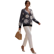 Floral-pattern Knit Cardigan V-neck Sweater Jacket