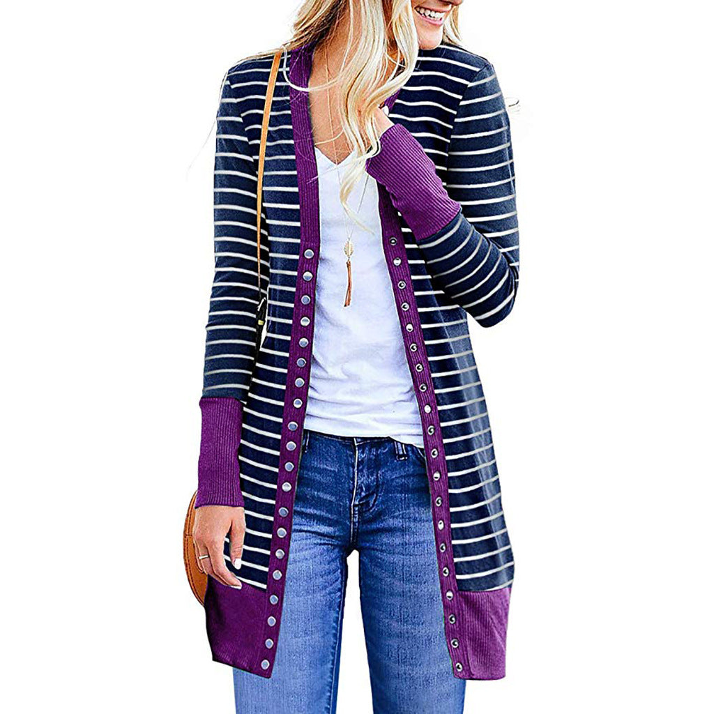 Plus Size Striped Mid-Length Cardigan Sweater