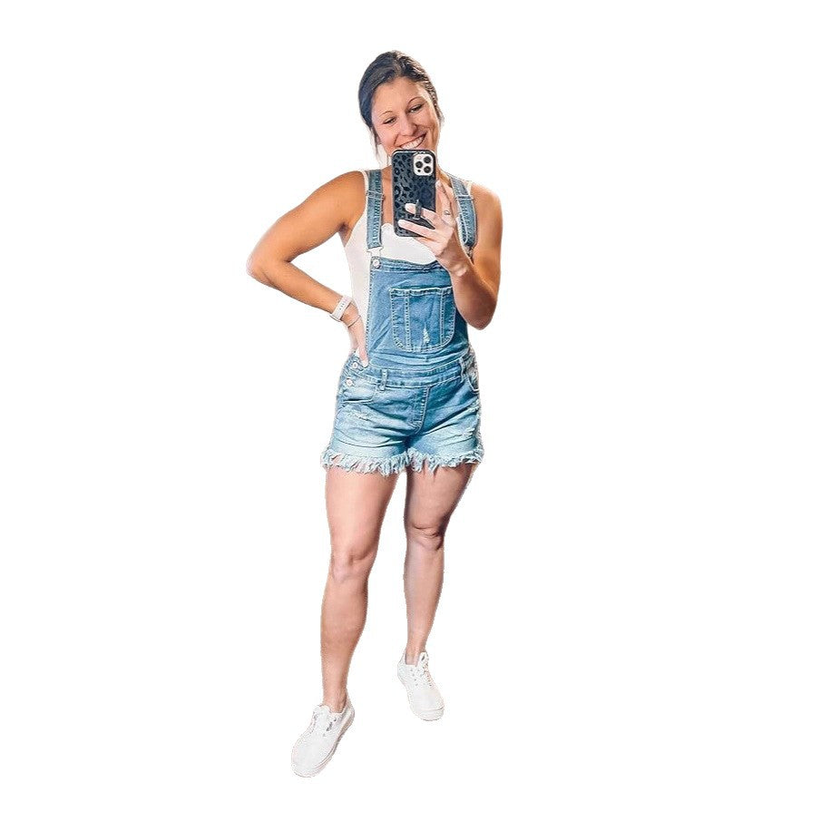 Women's Distressed Denim Cargo Shorts Jumpsuit