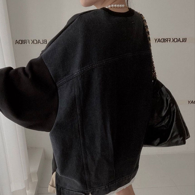 Casual Denim Spliced Long-Sleeve Women's Sweater