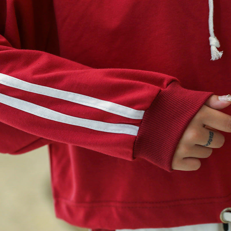 Striped Drawstring Cropped Hoodie for Women