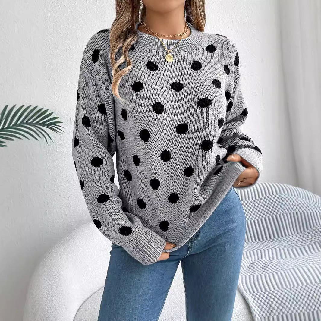Autumn and Winter Leisure Contrast Color Polka Dot Long Sleeve Pullover