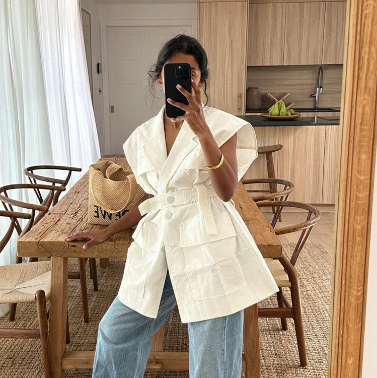 Sleeveless Workwear Shirt With Multiple Pockets Loose-fit Top