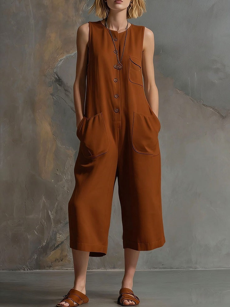 Retro Cotton-Linen Wide-Leg Cropped Jumpsuit