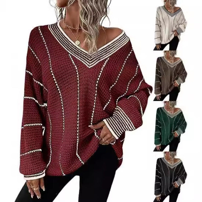 Striped Loose-Fit V-Neck Long Sleeve Sweater – Casual Knit Top