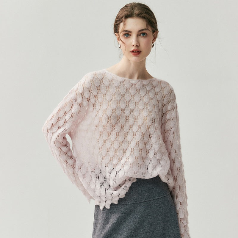 Cashmere Knit Sweater Womens Top with Hollow-out Feather Design