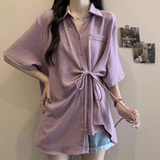 Slim-fit Trendy Mid-length Irregular Tie-waist Short-sleeve Shirt