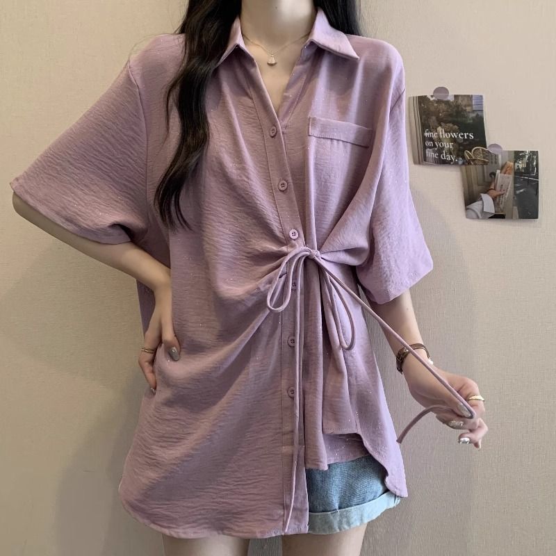 Slim-fit Trendy Mid-length Irregular Tie-waist Short-sleeve Shirt