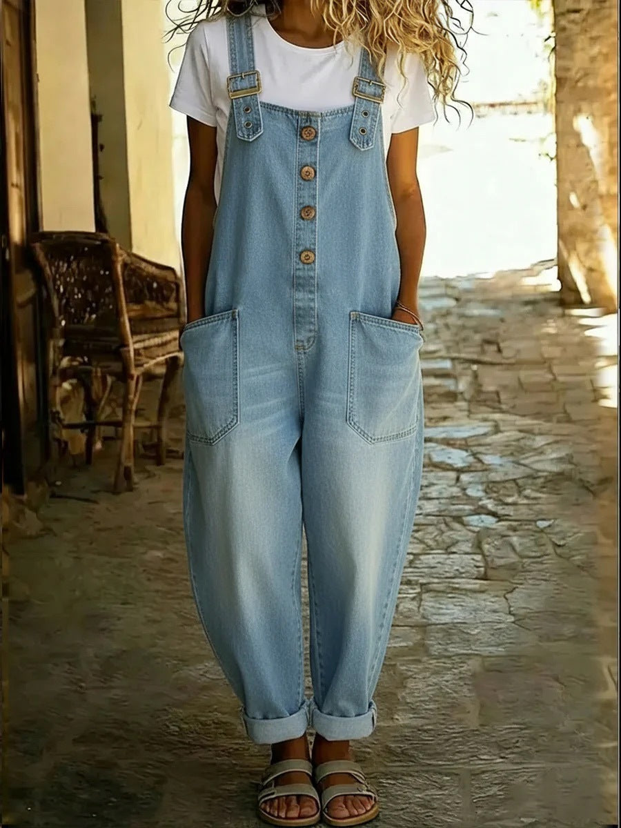 Fashionable Retro Distressed Loose Womens Casual Denim Jumpsuit