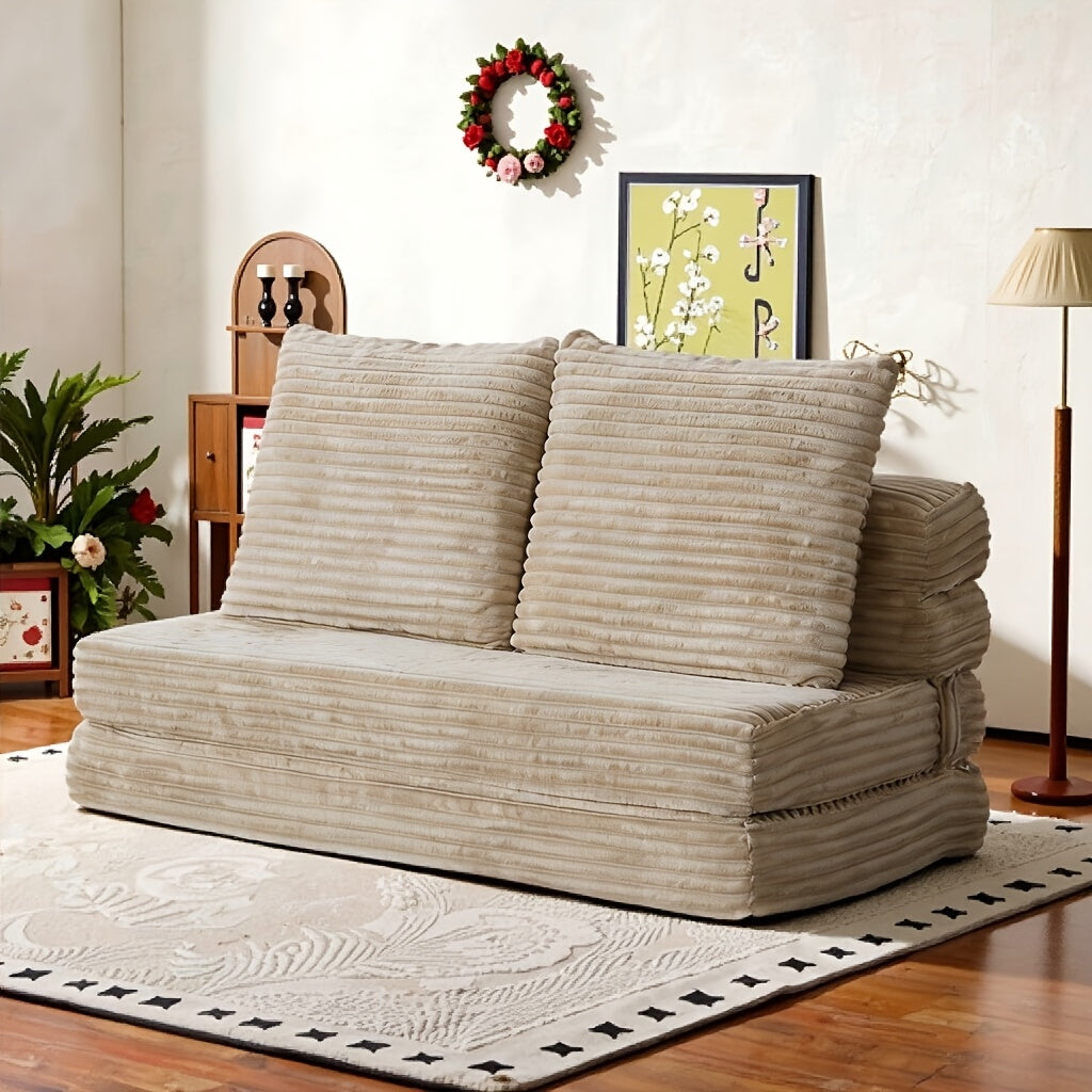 Modular L-shaped chaise longue sofa bed with deep seat and corduroy upholstery