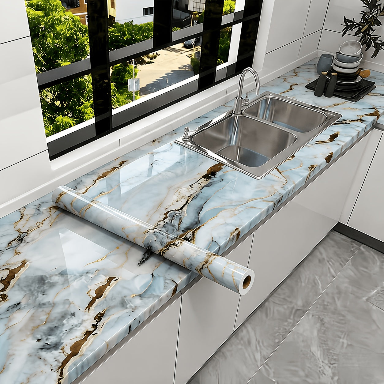 Self-adhesive imitation marble wall stickers for quick room refresh