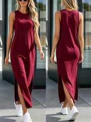 Casual Sleeveless Solid Long Dress with Side Slit