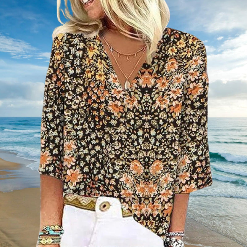 Fall Women's Clothing 3D Printed V-neck Pullover Top