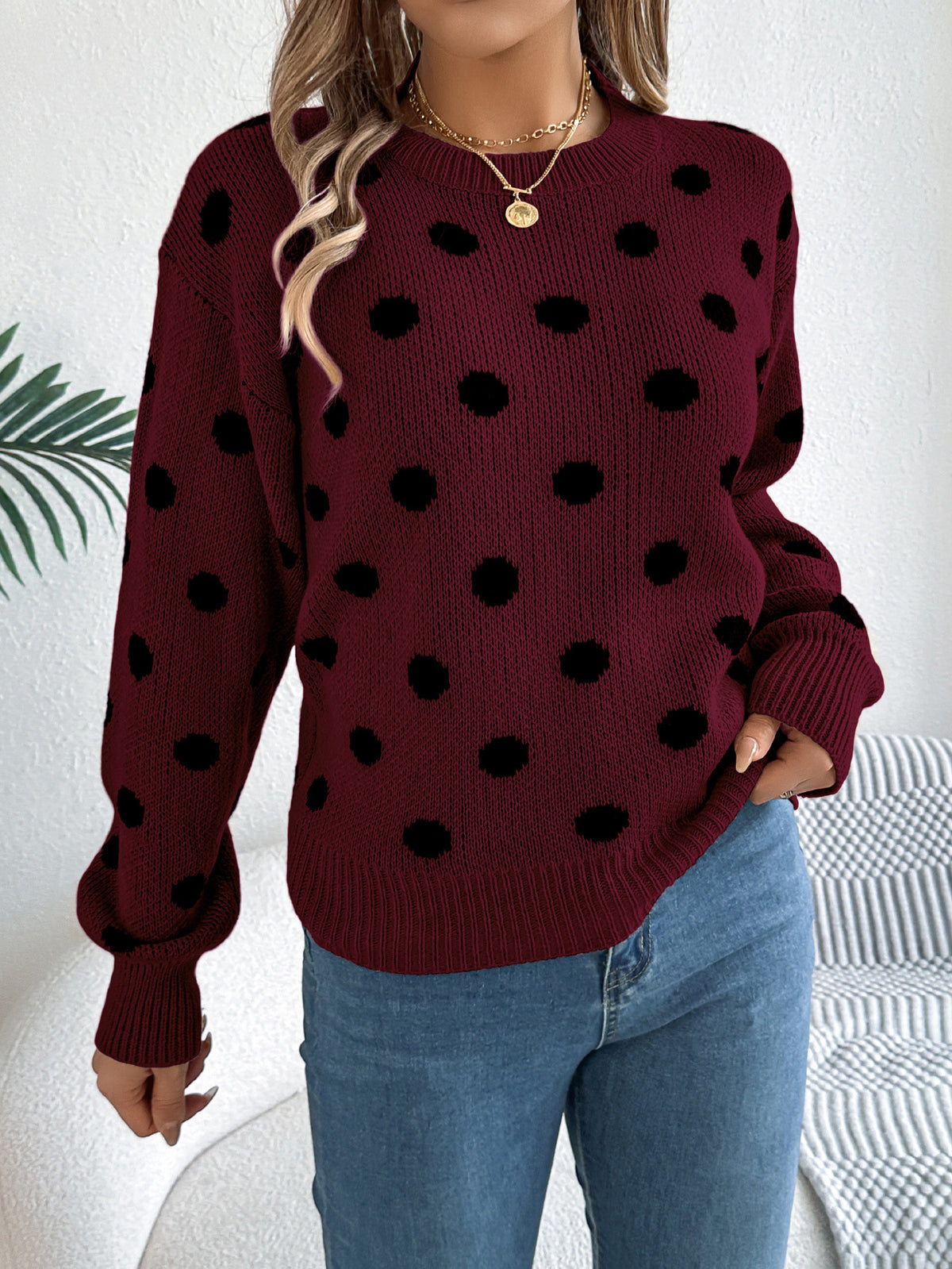 Autumn and Winter Leisure Contrast Color Polka Dot Long Sleeve Pullover