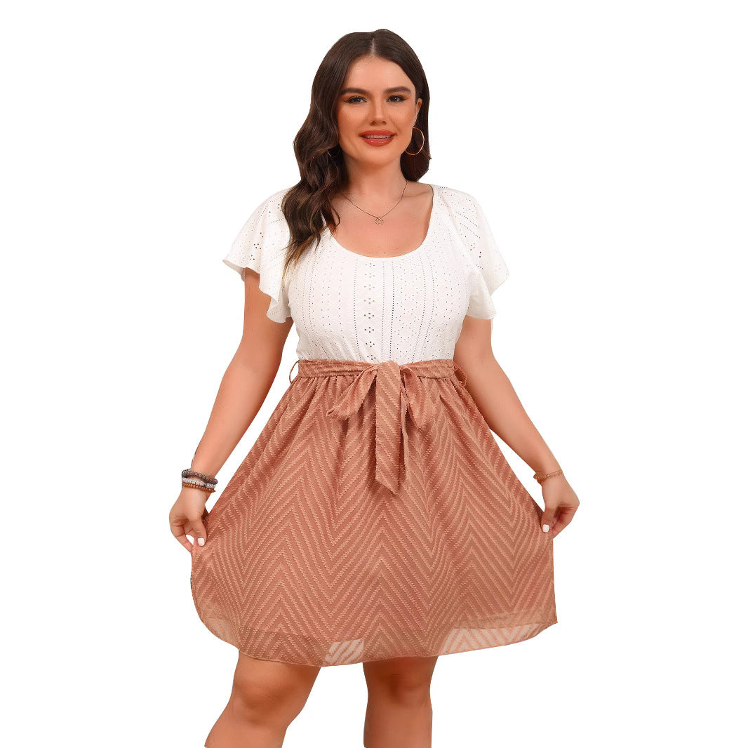 Womens Mesh Jacquard Fabric Patchwork Lace-up Dress