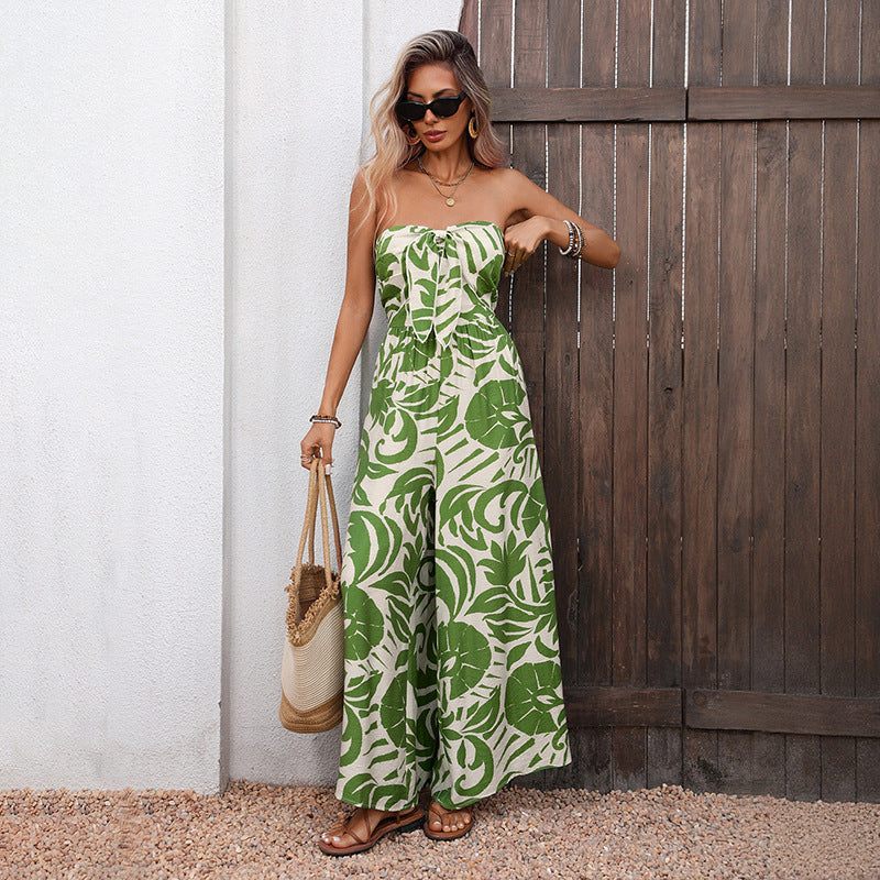 New Summer Resort-style Jumpsuit With A Fresh, Airy Vibe High-waisted Tube-top Design With A Green Leaf Print