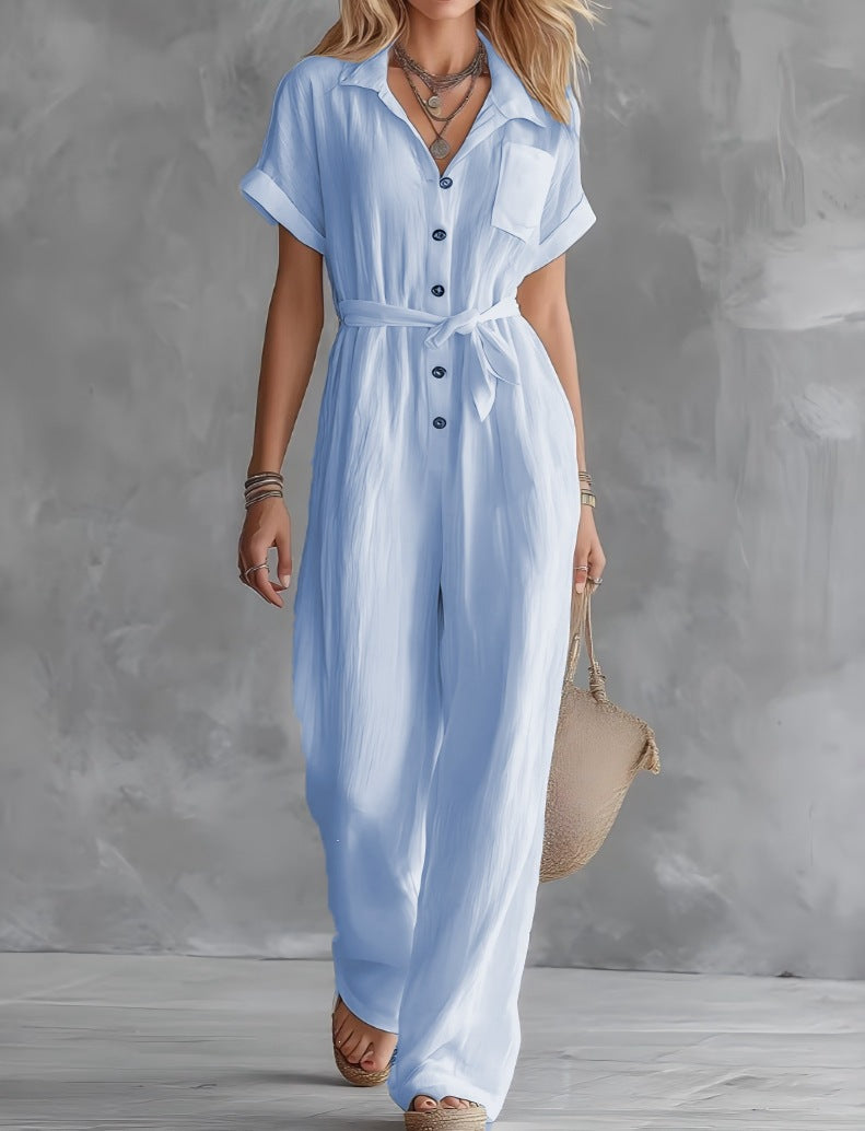 Womens Casual V-Neck Lace-Up Jumpsuit With Pockets