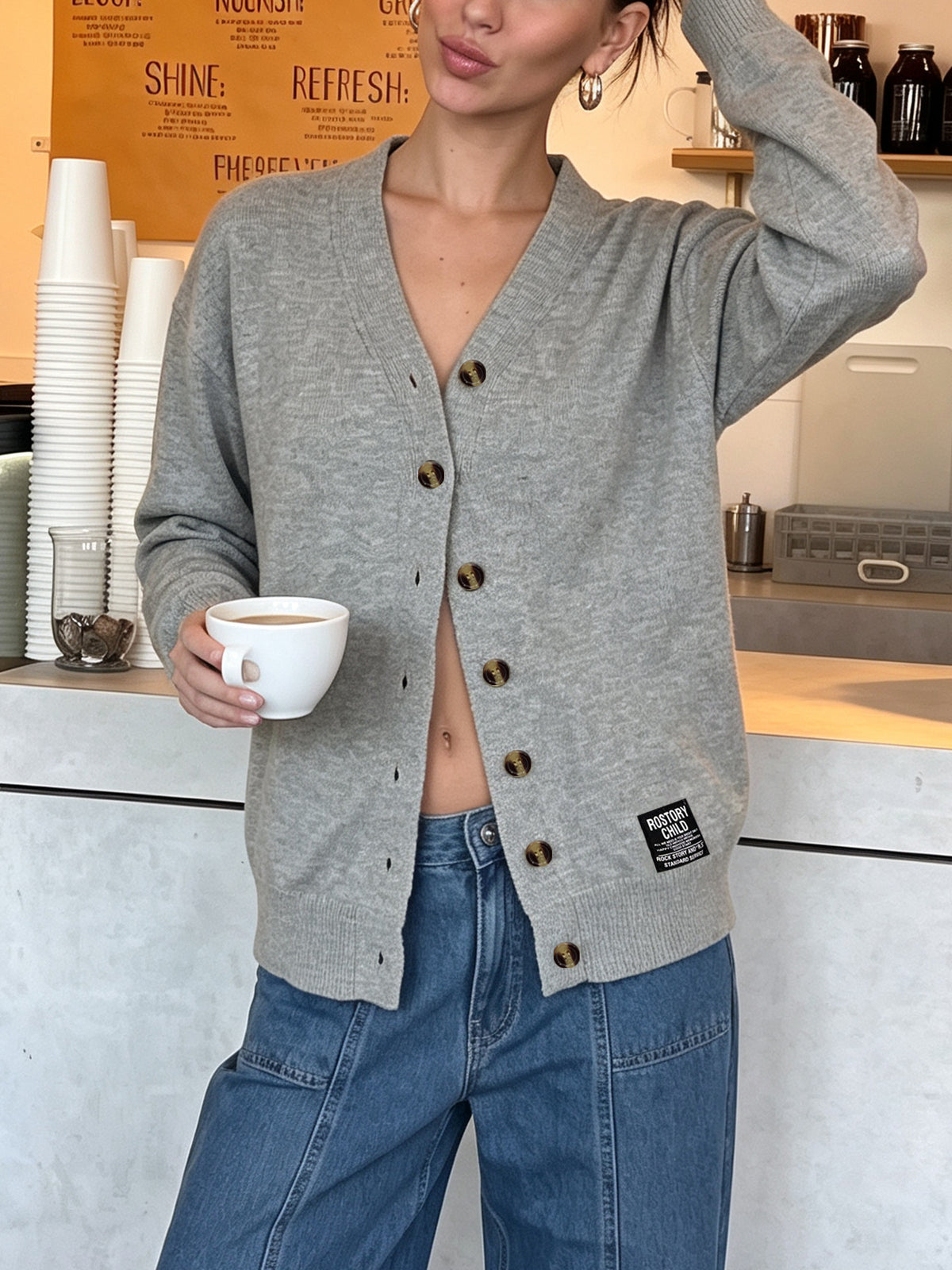 V-neck Long-sleeve Knitted Cardigan Womens Top