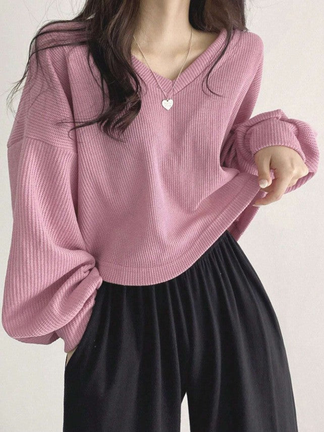 Womens Casual Versatile Solid-color Pullover Knit Sweater Top